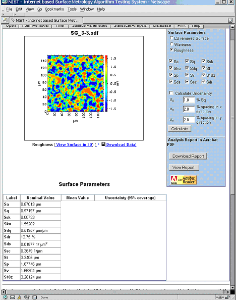 This picture shows the surface parameter calculations screen. It shows an example of how to calculate surface parameters of a total surface.