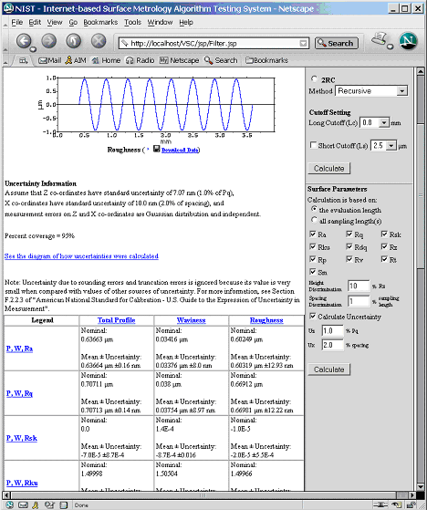 This picture shows the Filter screen. It shows an example of how the sinusoidal profile was filtered using Gaussian filter with convolution method at 0.8 mm cutoff. The picture also displays roughness and waviness profile along with their calculated surface parameters and uncertainties.